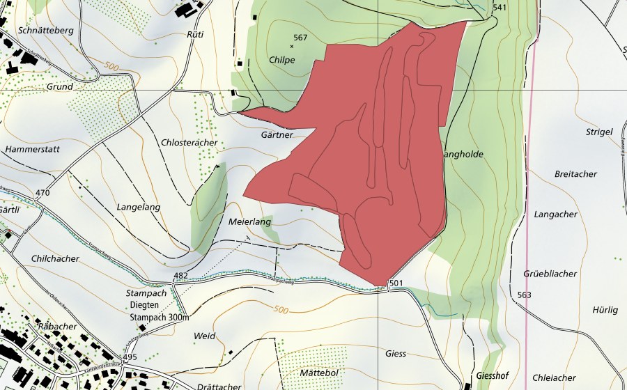 Carte nationale swisstopo avec le périmètre protégé de Chilpen (Prairie sèche)