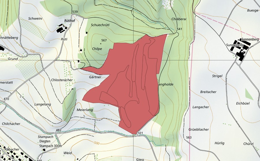 Landeskarte swisstopo mit dem Schutzperimeter von Chilpen (Trockenwiese)