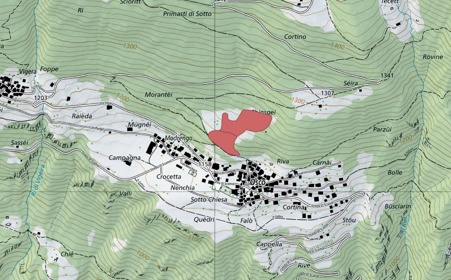 Landeskarte swisstopo mit dem Schutzperimeter von Chingéi (Trockenwiese)