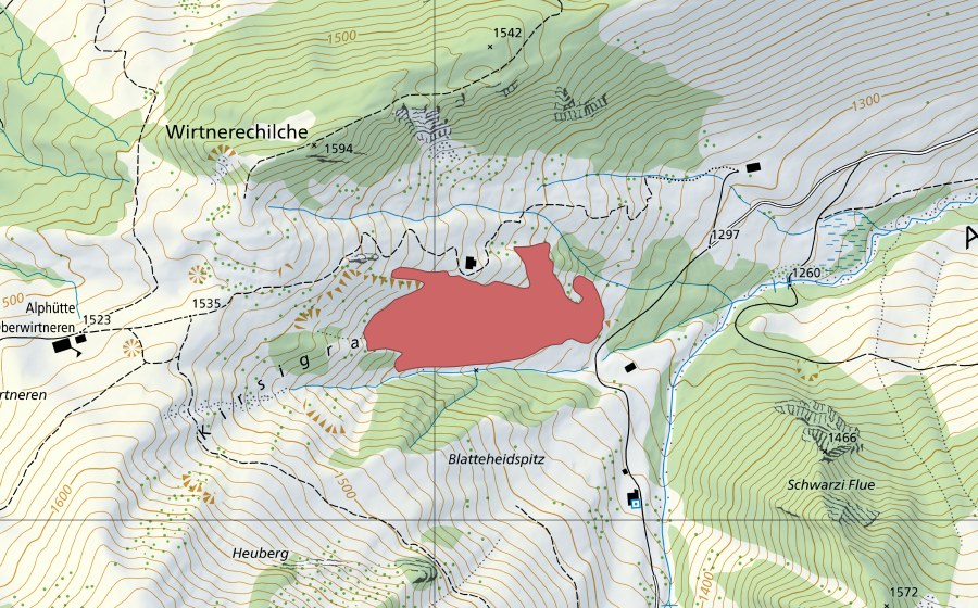 swisstopo national map showing the protected perimeter of Chirschigrabe (Dry meadow)