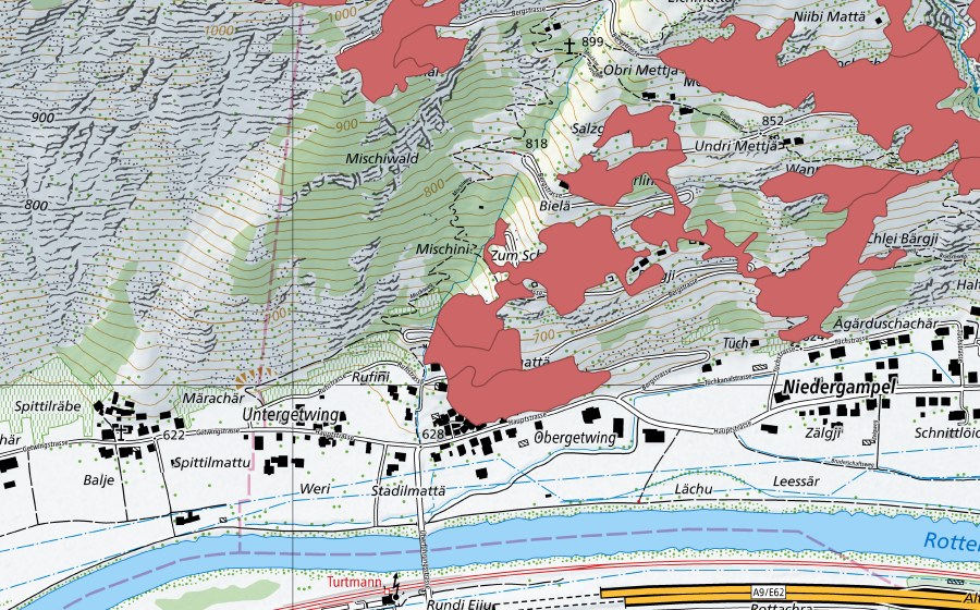 swisstopo national map showing the protected perimeter of Chleis Bärgji (Dry meadow)