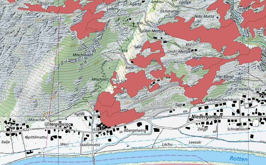 Landeskarte swisstopo mit dem Schutzperimeter von Chleis Bärgji (Trockenwiese)