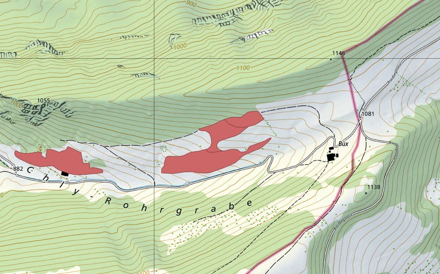 Carte nationale swisstopo avec le périmètre protégé de Chli Rohrgrabe (Prairie sèche)
