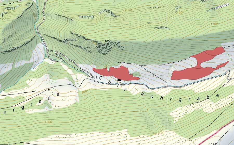swisstopo national map showing the protected perimeter of Chli Rohrgrabe (Dry meadow)