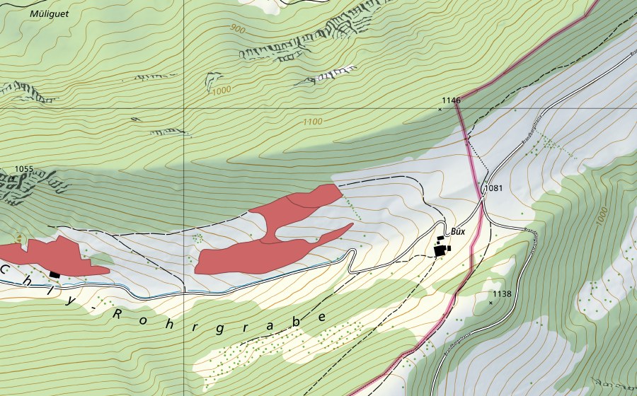 Carte nationale swisstopo avec le périmètre protégé de Chli Rohrgrabe (Prairie sèche)