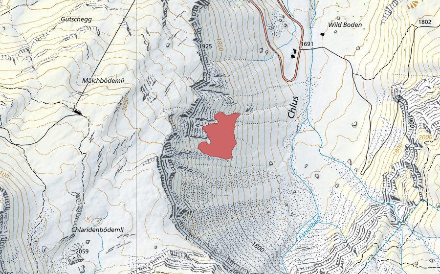 swisstopo national map showing the protected perimeter of Chlus (Dry meadow)