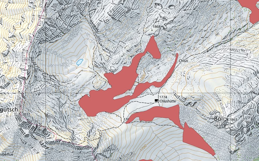 swisstopo national map showing the protected perimeter of Chlus (Dry meadow)