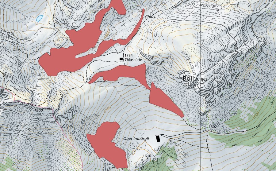 swisstopo national map showing the protected perimeter of Chlus (Dry meadow)