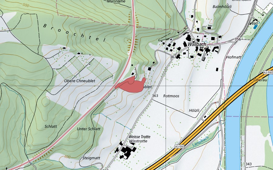 Carte nationale swisstopo avec le périmètre protégé de Chneublet (Prairie sèche)