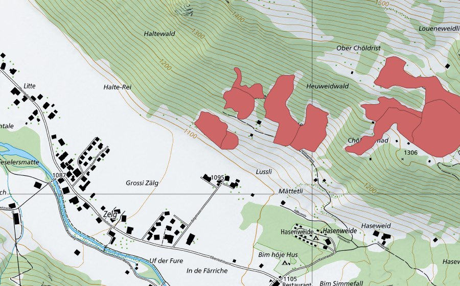 Carte nationale swisstopo avec le périmètre protégé de Chöldrist (Prairie sèche)