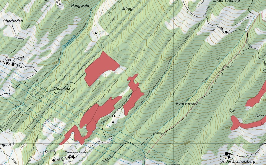 Carte nationale swisstopo avec le périmètre protégé de Cholholz (Prairie sèche)