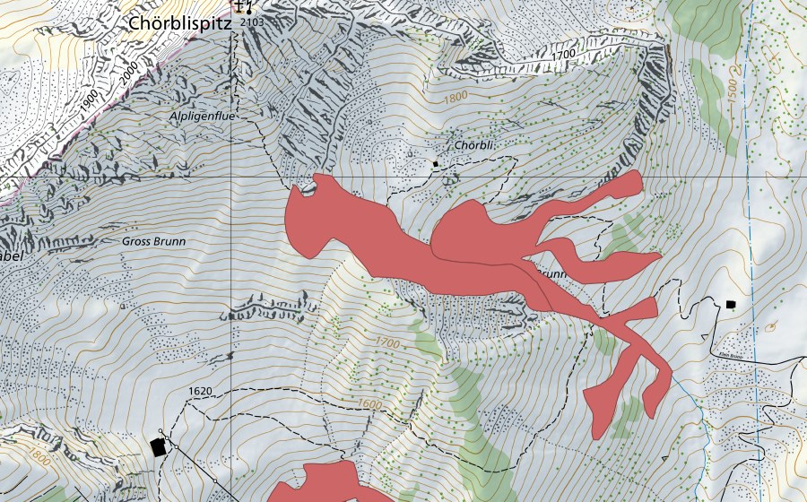 Landeskarte swisstopo mit dem Schutzperimeter von Chörbli (Trockenwiese)