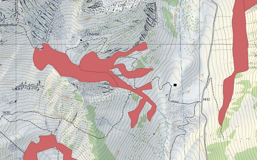 Landeskarte swisstopo mit dem Schutzperimeter von Chörbli (Trockenwiese)