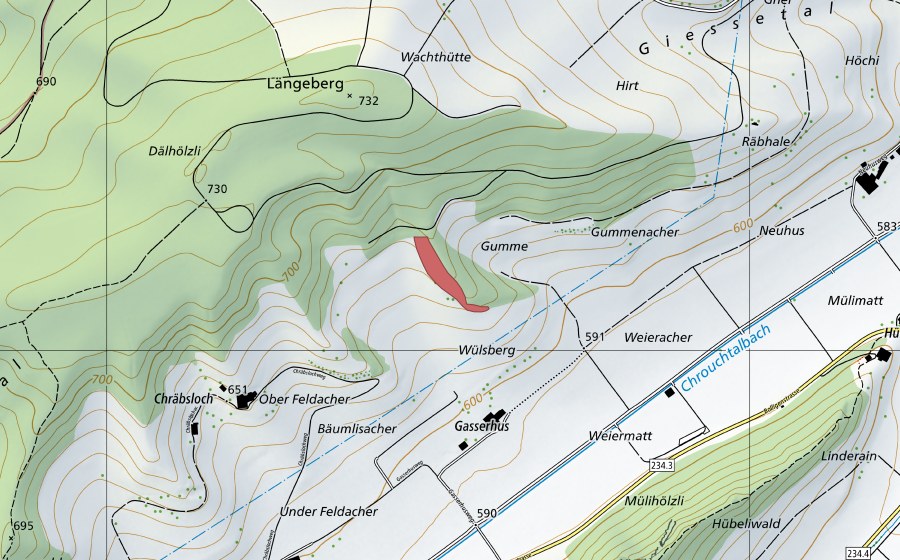swisstopo national map showing the protected perimeter of Chräbsloch (Dry meadow)