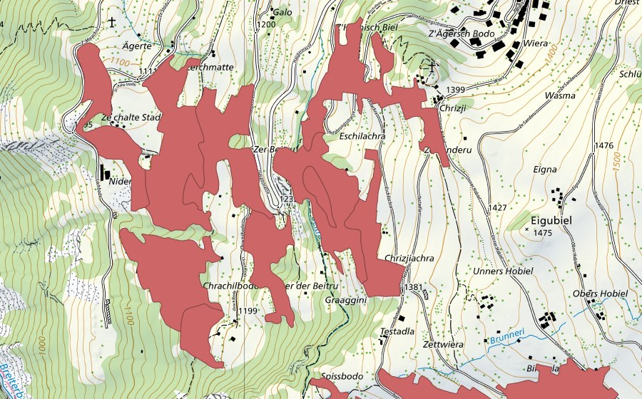 Carte nationale swisstopo avec le périmètre protégé de Chrachilbode (Prairie sèche)