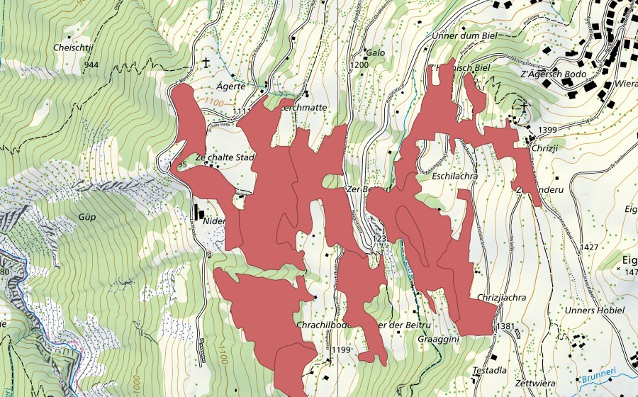 Carte nationale swisstopo avec le périmètre protégé de Chrachilbode (Prairie sèche)
