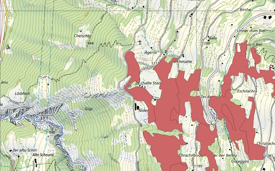 Carte nationale swisstopo avec le périmètre protégé de Chrachilbode (Prairie sèche)