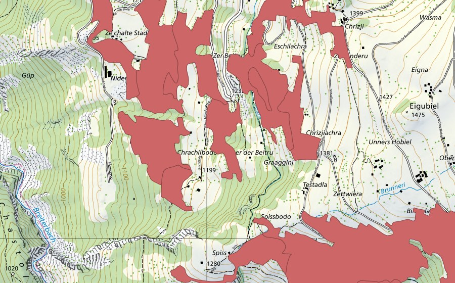 Landeskarte swisstopo mit dem Schutzperimeter von Chrachilbode (Trockenwiese)
