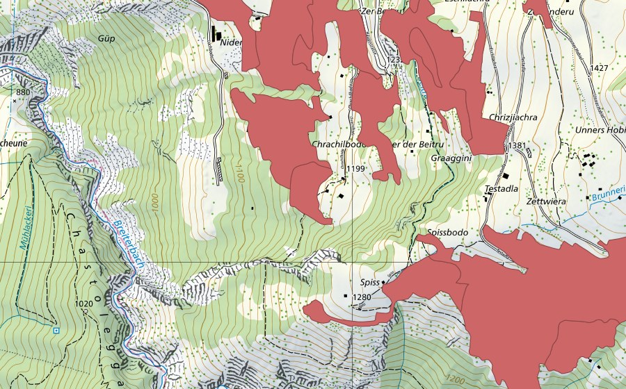 Landeskarte swisstopo mit dem Schutzperimeter von Chrachilbode (Trockenwiese)