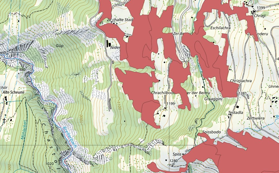 Landeskarte swisstopo mit dem Schutzperimeter von Chrachilbode (Trockenwiese)