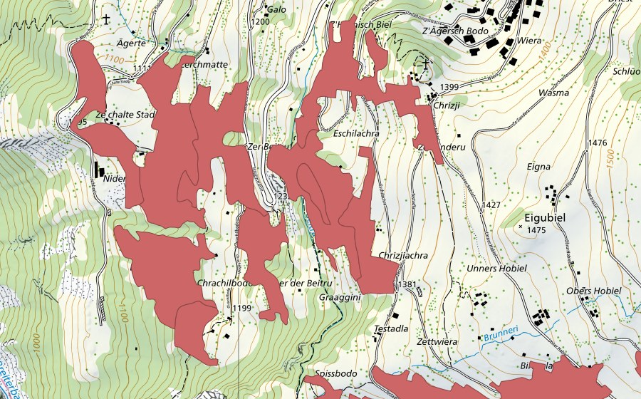 Landeskarte swisstopo mit dem Schutzperimeter von Chrachilbode (Trockenwiese)