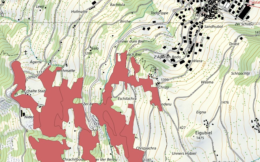 Carte nationale swisstopo avec le périmètre protégé de Chrachilbode (Prairie sèche)