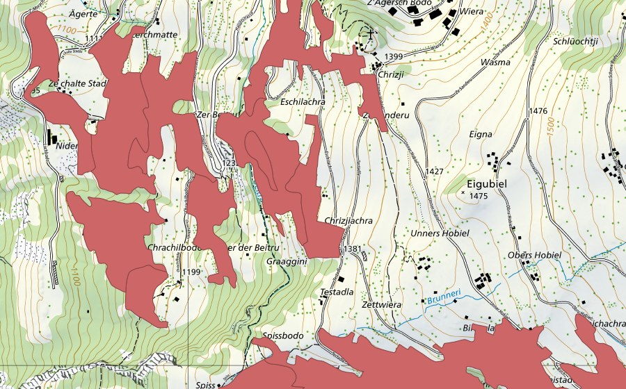 Landeskarte swisstopo mit dem Schutzperimeter von Chrachilbode (Trockenwiese)