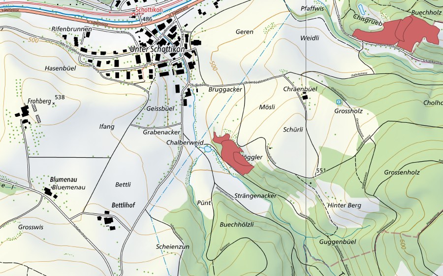 Carte nationale swisstopo avec le périmètre protégé de Chräenbüel (Prairie sèche)