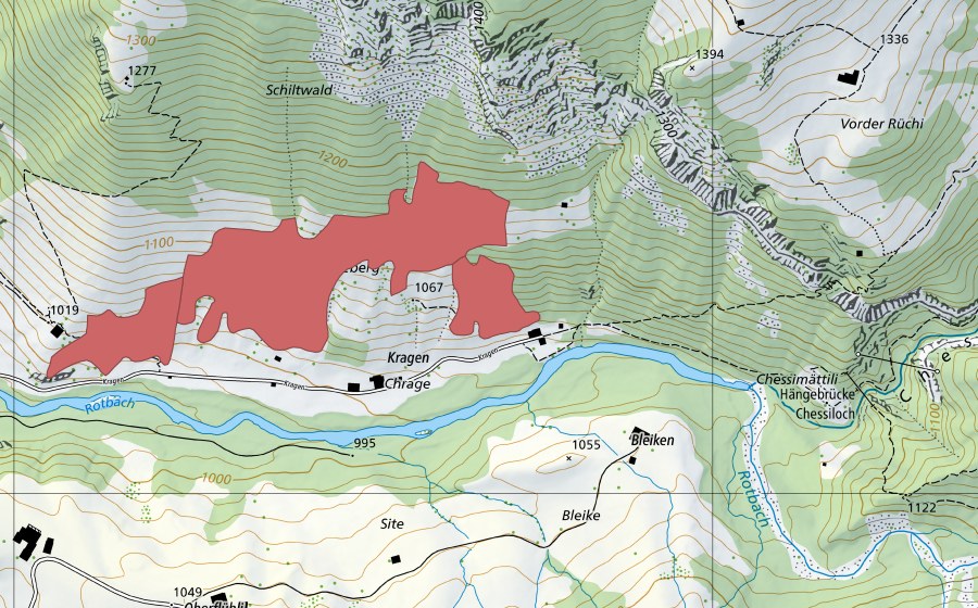 swisstopo national map showing the protected perimeter of Chragen (Dry meadow)