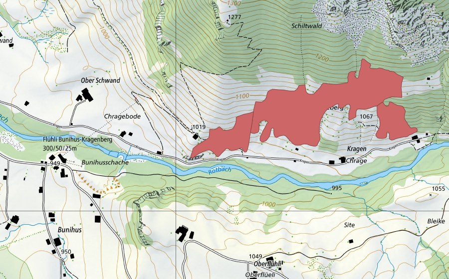 Carte nationale swisstopo avec le périmètre protégé de Chragen (Prairie sèche)