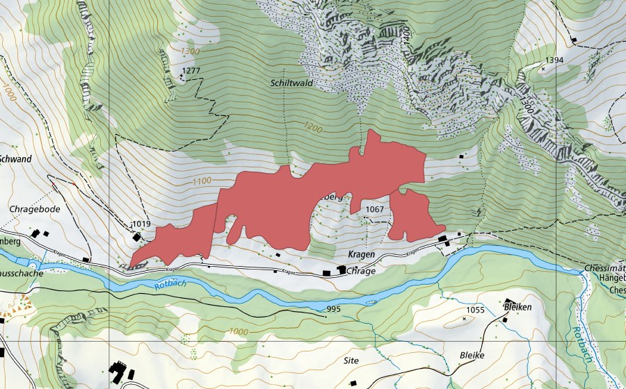 Landeskarte swisstopo mit dem Schutzperimeter von Chragen (Trockenwiese)