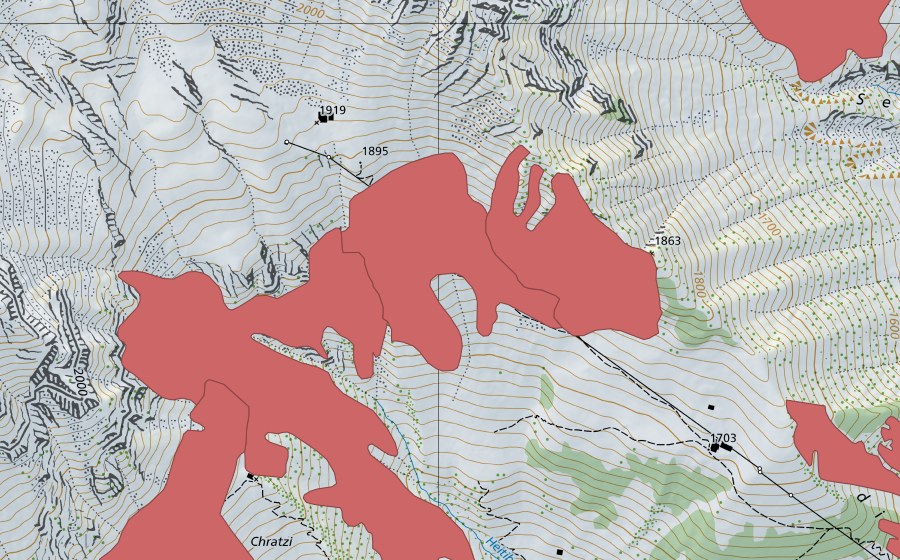 swisstopo national map showing the protected perimeter of Chratzi (Dry meadow)