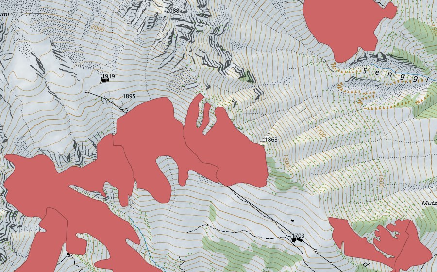 swisstopo national map showing the protected perimeter of Chratzi (Dry meadow)