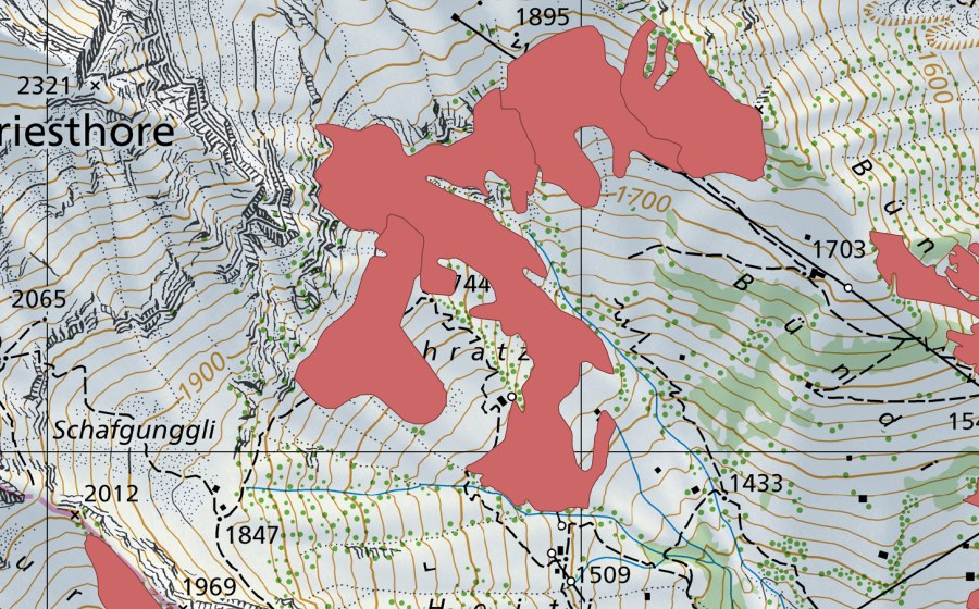 Landeskarte swisstopo mit dem Schutzperimeter von Chratzi (Trockenwiese)