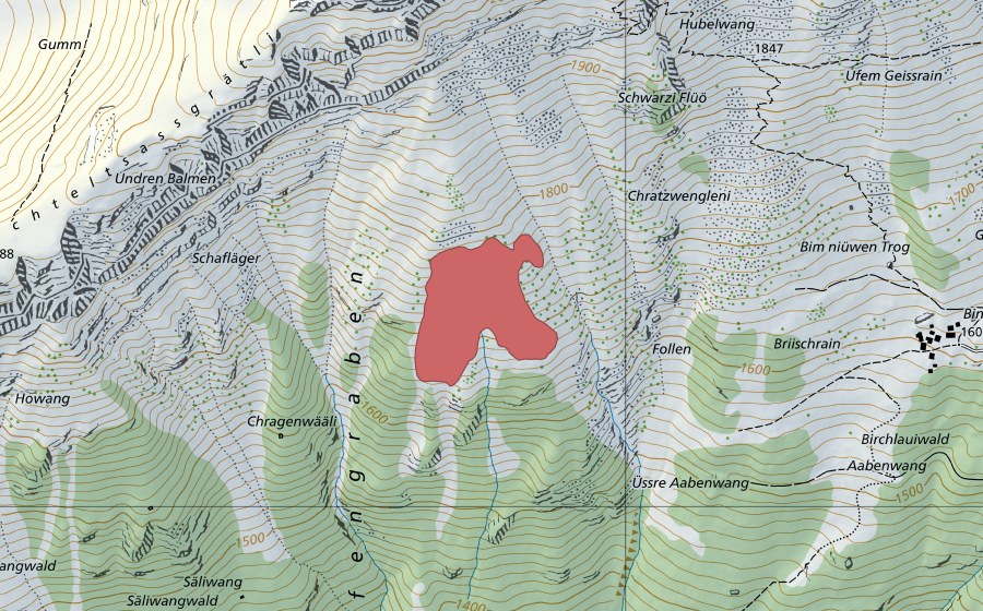 Landeskarte swisstopo mit dem Schutzperimeter von Chratzwald (Trockenwiese)