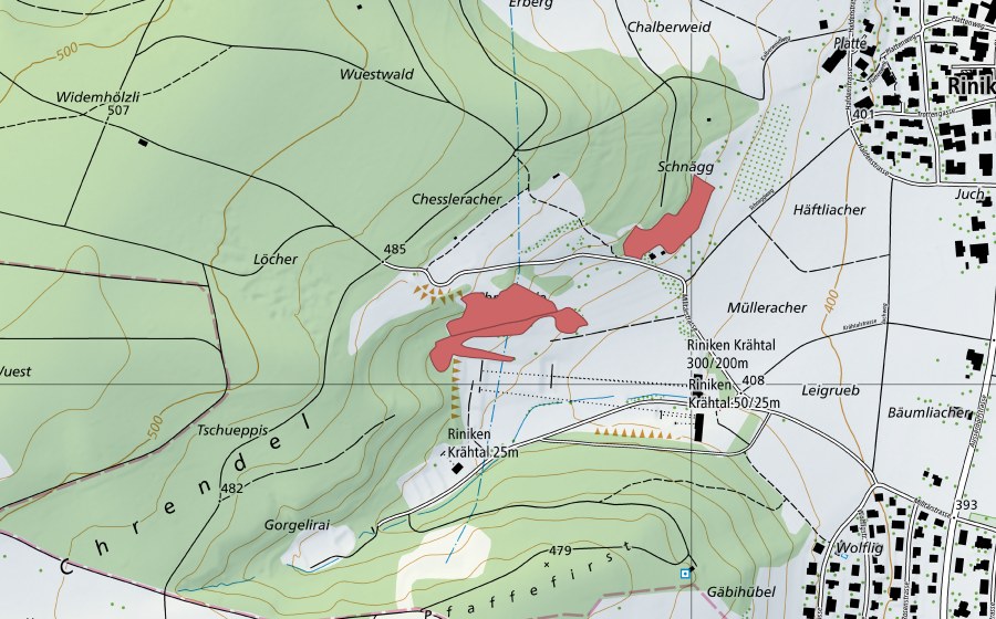 Landeskarte swisstopo mit dem Schutzperimeter von Chrendel (Trockenwiese)