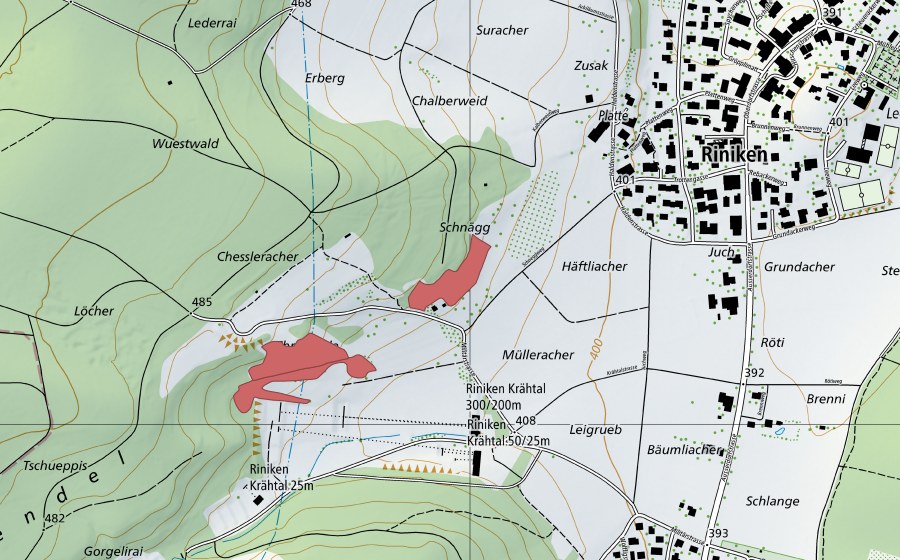 Carte nationale swisstopo avec le périmètre protégé de Chrendel (Prairie sèche)