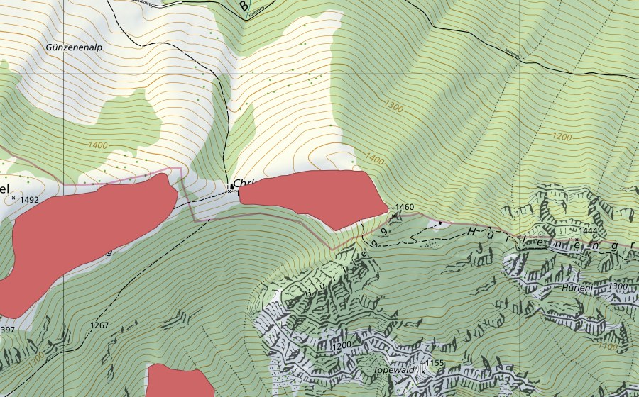 Carte nationale swisstopo avec le périmètre protégé de Chrindi (Prairie sèche)
