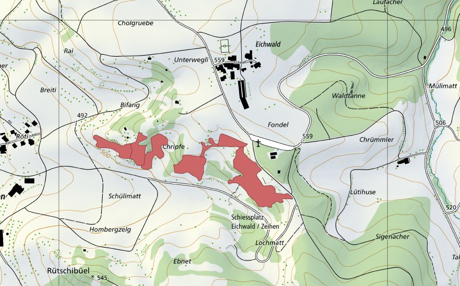 Carte nationale swisstopo avec le périmètre protégé de Chripfe (Prairie sèche)
