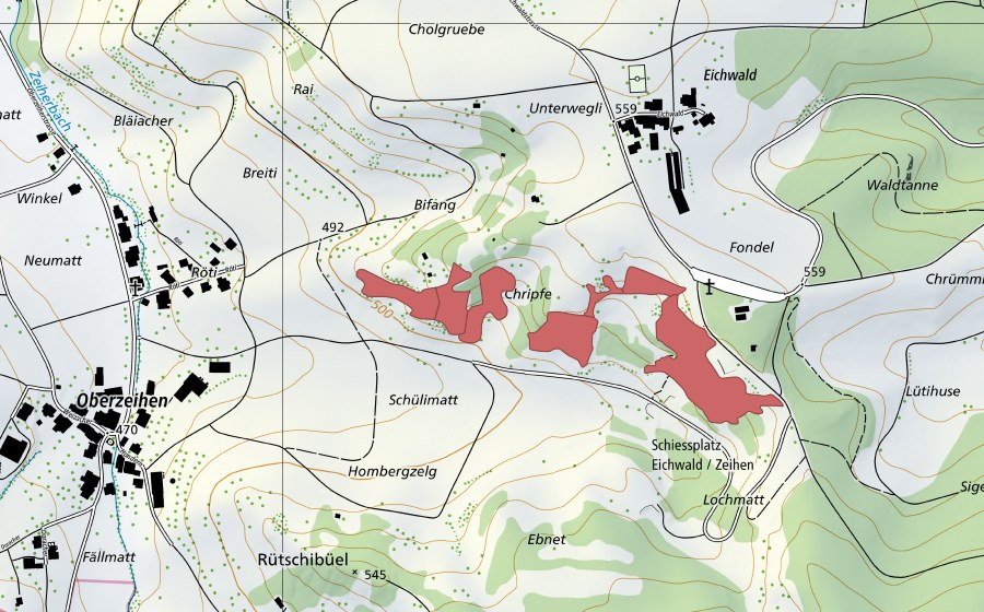 swisstopo national map showing the protected perimeter of Chripfe (Dry meadow)