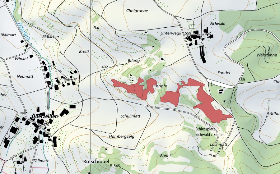 swisstopo national map showing the protected perimeter of Chripfe (Dry meadow)