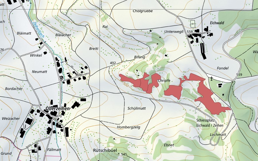 Landeskarte swisstopo mit dem Schutzperimeter von Chripfe (Trockenwiese)