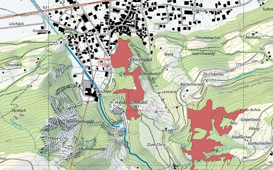 Carte nationale swisstopo avec le périmètre protégé de Chrizhubel (Prairie sèche)