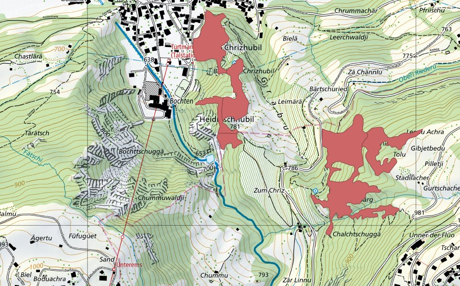 Carte nationale swisstopo avec le périmètre protégé de Chrizhubel (Prairie sèche)