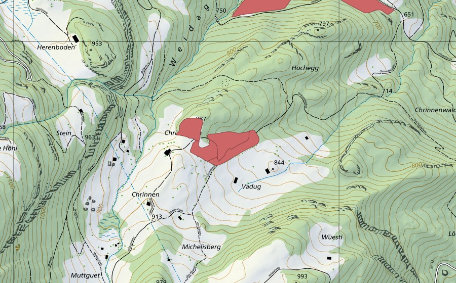 Carte nationale swisstopo avec le périmètre protégé de Chrüzboden (Prairie sèche)