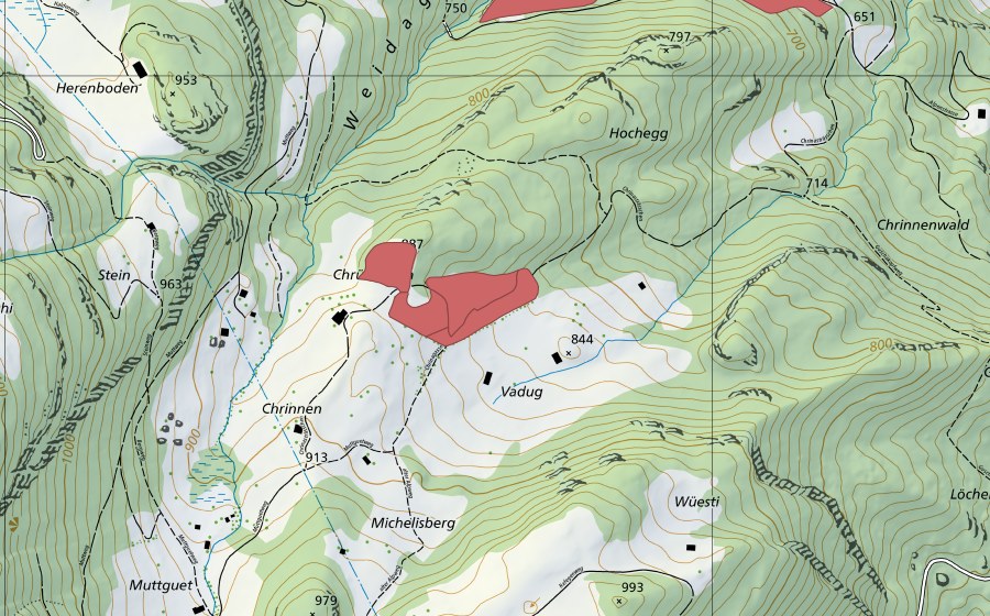Carte nationale swisstopo avec le périmètre protégé de Chrüzboden (Prairie sèche)