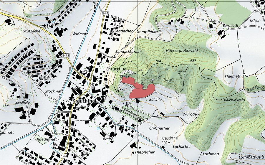 Landeskarte swisstopo mit dem Schutzperimeter von Chrüzflue (Trockenwiese)