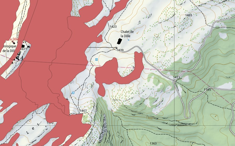 Landeskarte swisstopo mit dem Schutzperimeter von Cht de la Dôle (Trockenwiese)