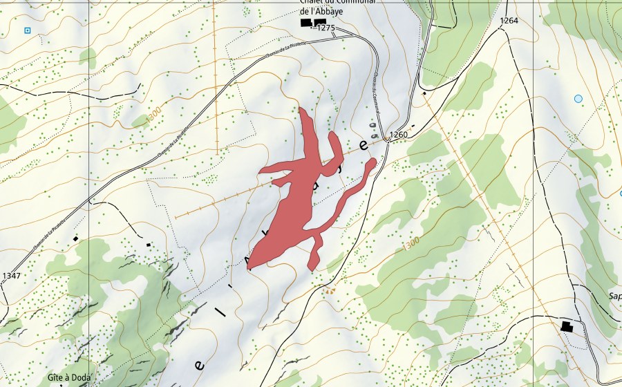 Landeskarte swisstopo mit dem Schutzperimeter von Cht du Communal de l'Abbaye (Trockenwiese)