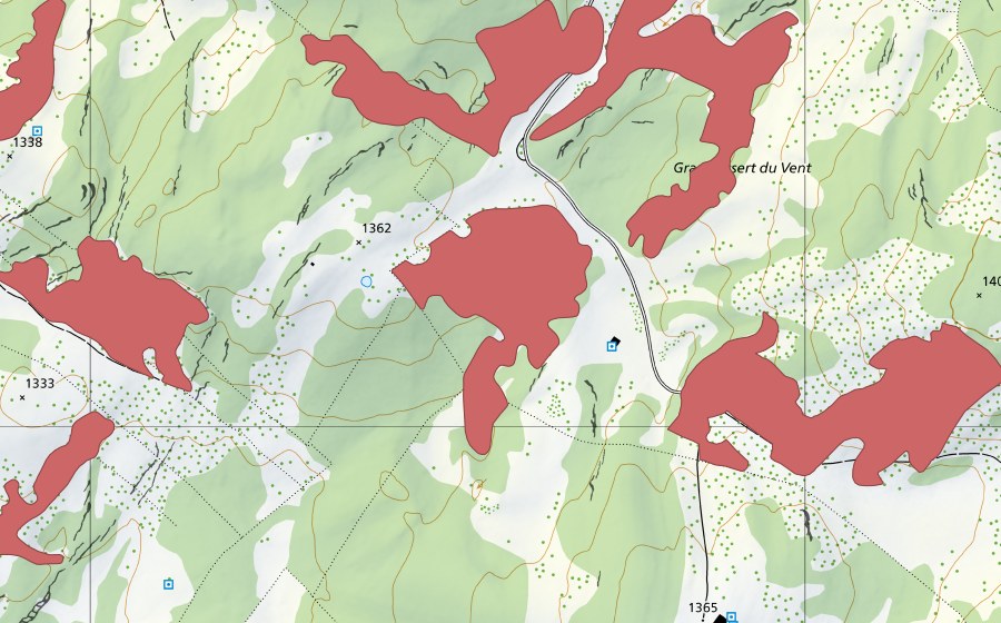 Carte nationale swisstopo avec le périmètre protégé de Cht du Grand Essert (Prairie sèche)